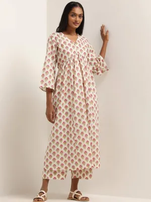 Utsa Off White Floral Printed Cotton Blend Kurta