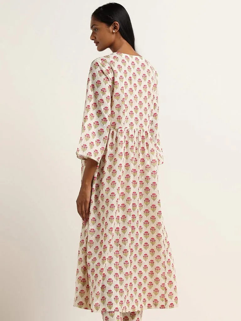 Utsa Off White Floral Printed Cotton Blend Kurta