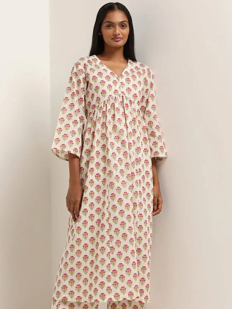 Utsa Off White Floral Printed Cotton Blend Kurta