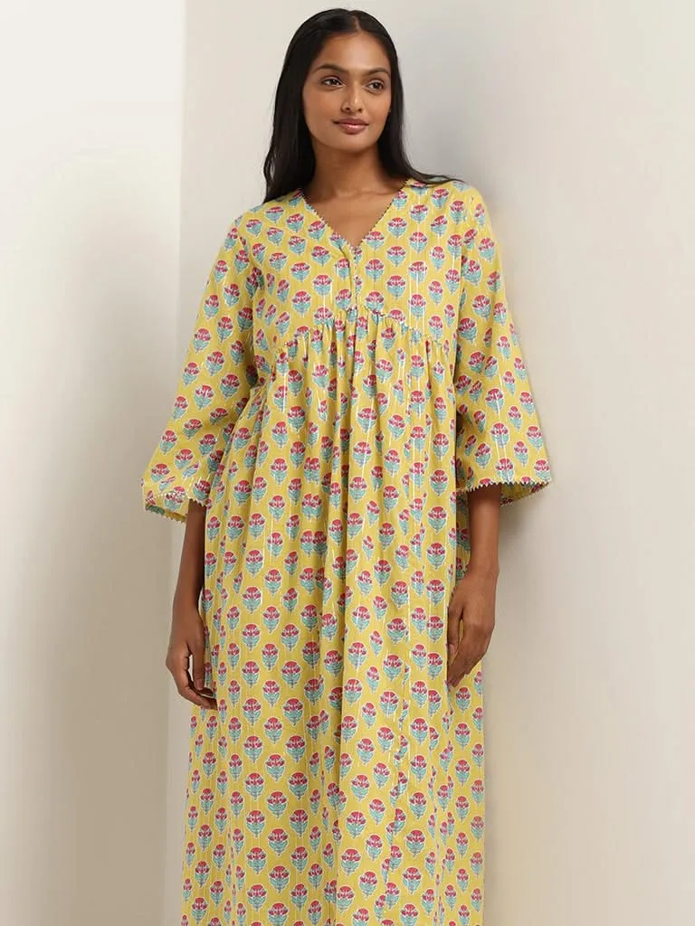 Utsa Yellow Floral Printed Cotton Blend Kurta