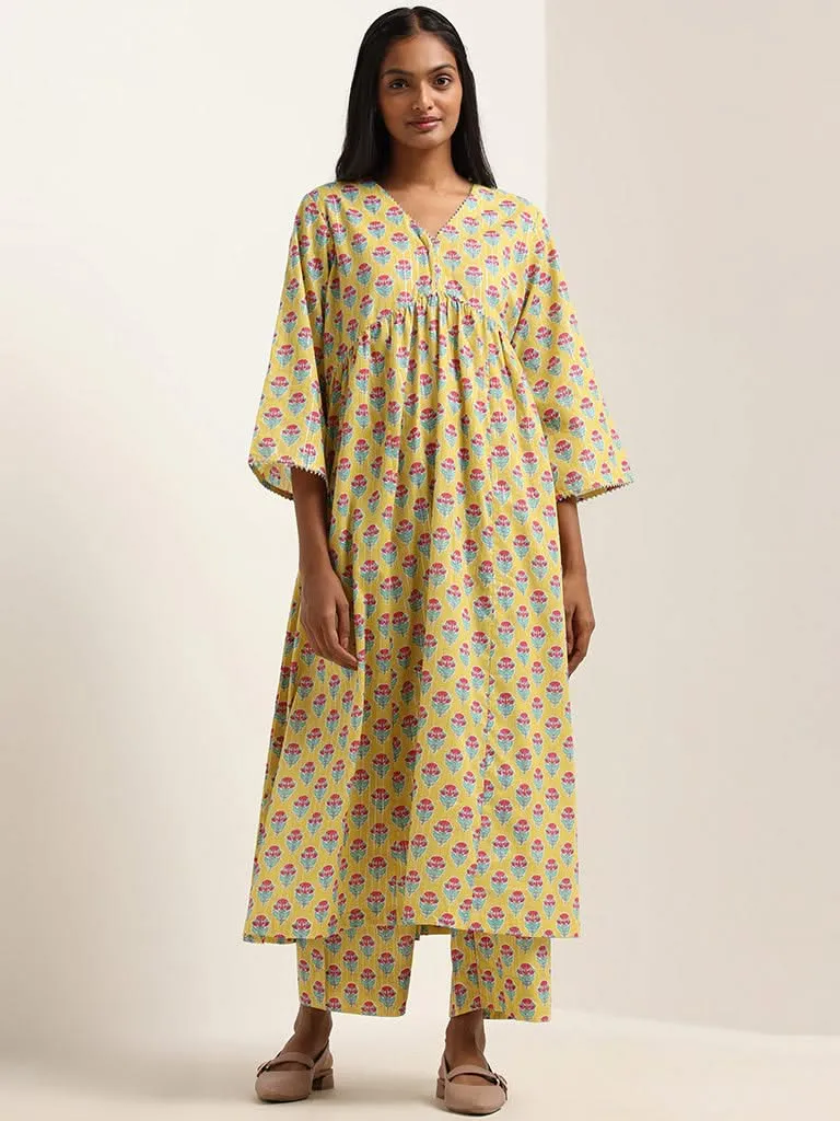 Utsa Yellow Floral Printed Cotton Blend Kurta