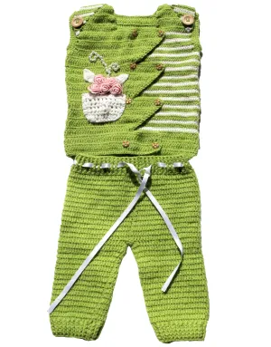 Winter Season Latest Crochet Handmade Design Top Cardigan With Pant For Baby Girl- Lime Green