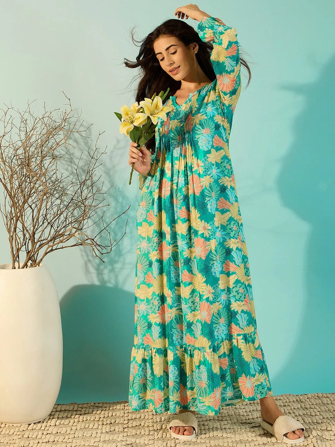 Women Floral Printed Blue Soft Modal Night Dress