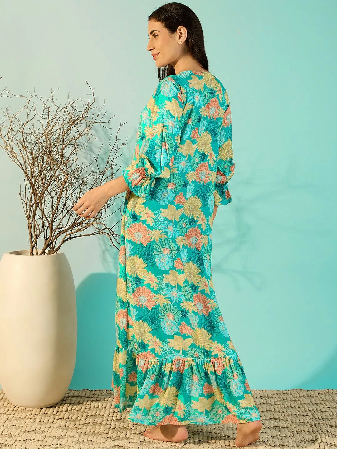 Women Floral Printed Blue Soft Modal Night Dress