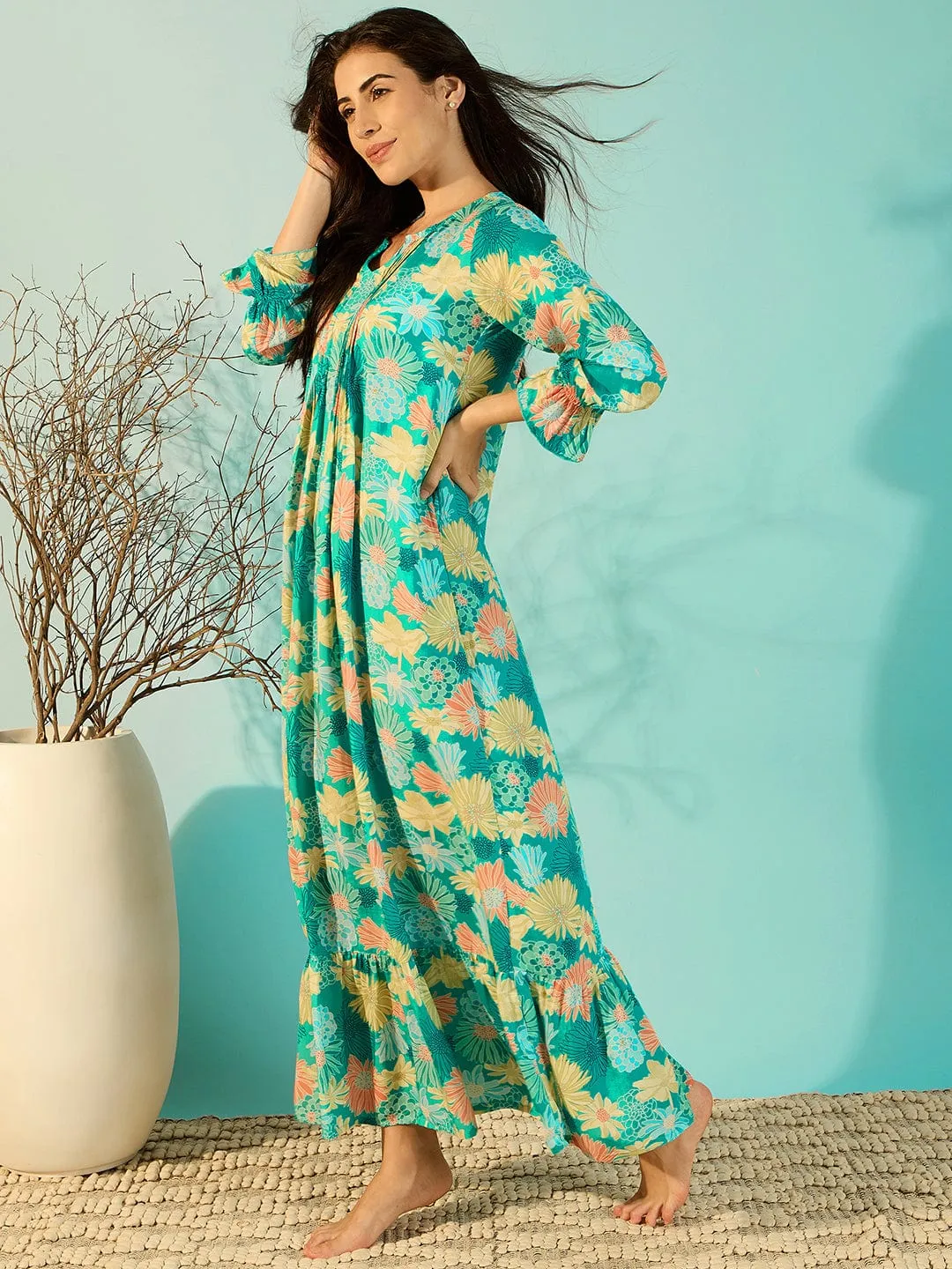 Women Floral Printed Blue Soft Modal Night Dress