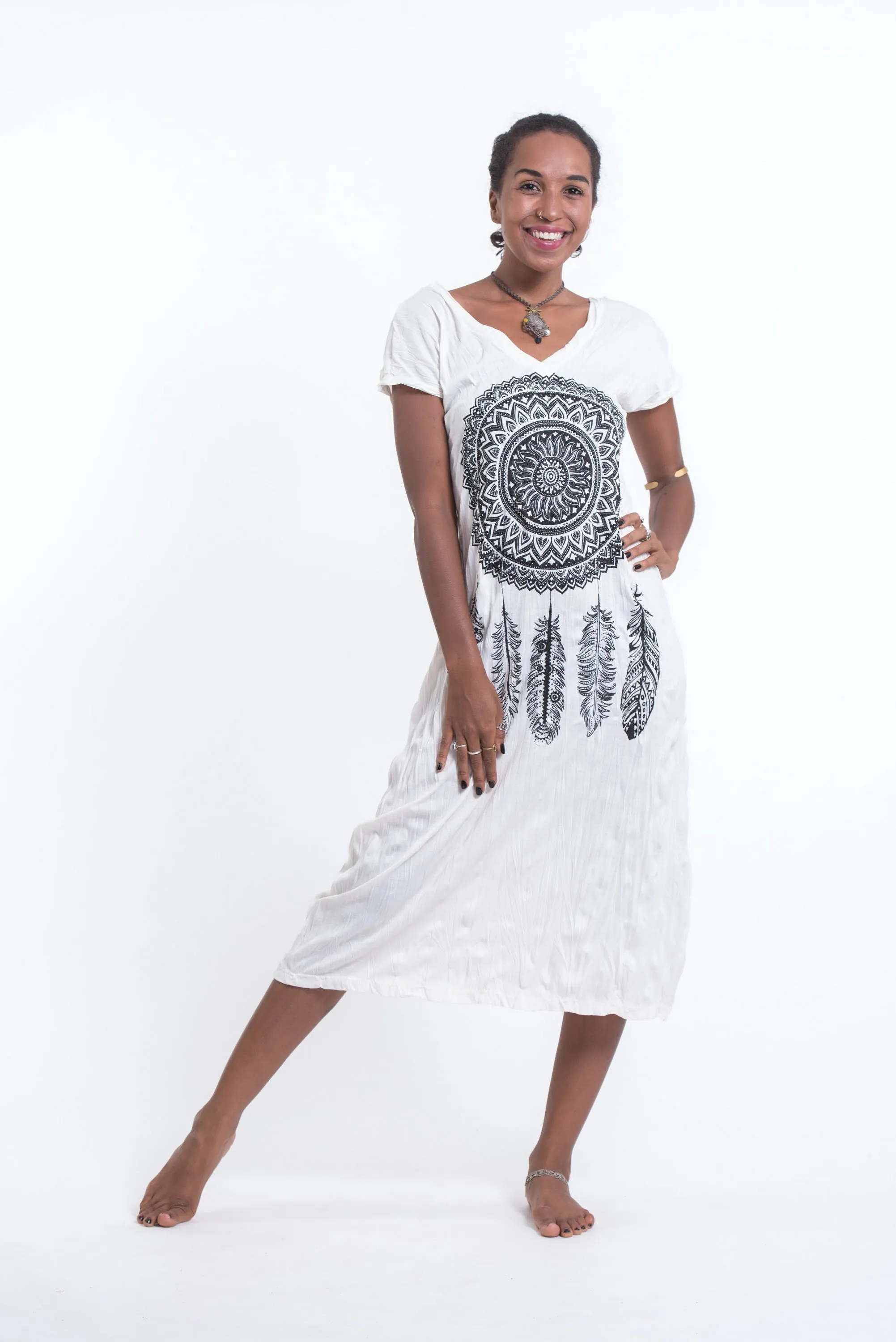 Womens Dreamcatcher V Neck Long Dress in White