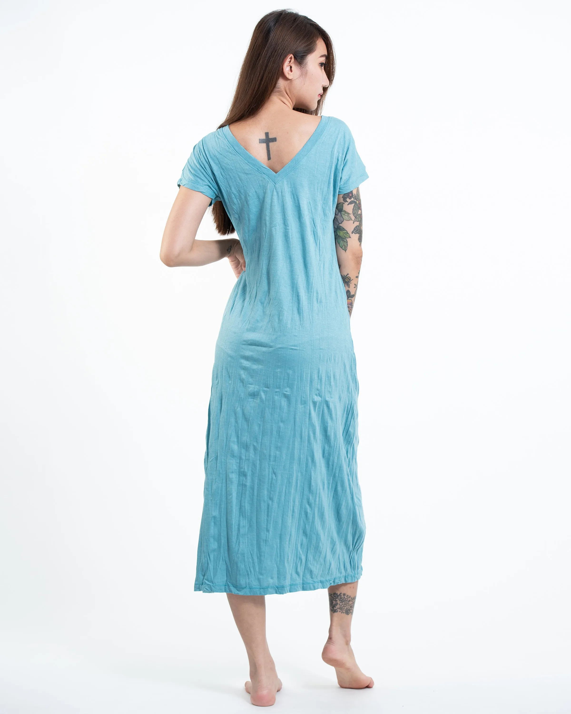 Womens Ganesh Chakra V Neck Long Dress in Turquoise