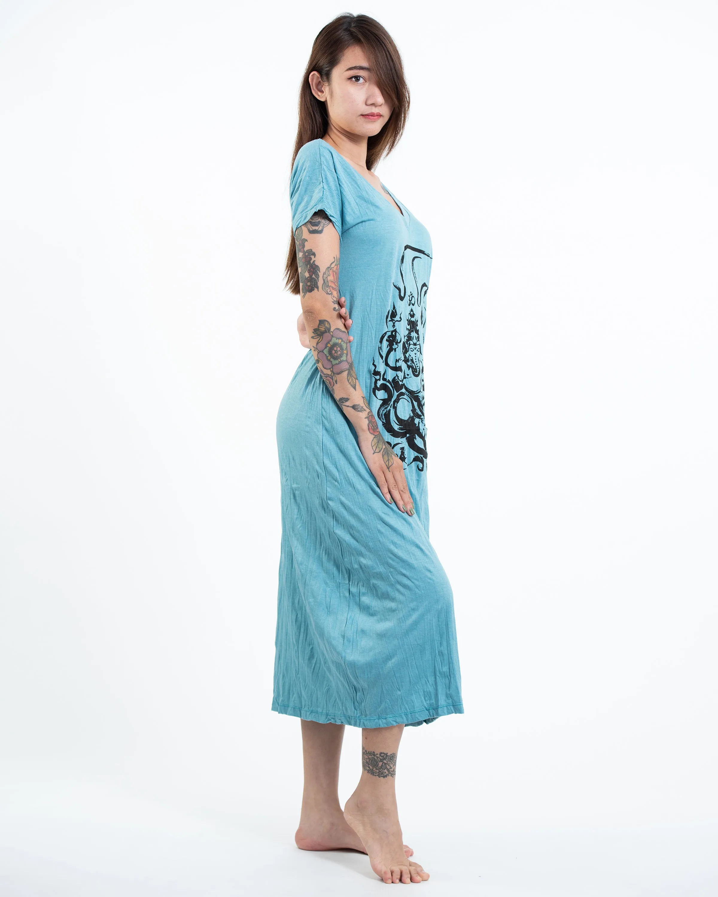 Womens Ganesh Chakra V Neck Long Dress in Turquoise