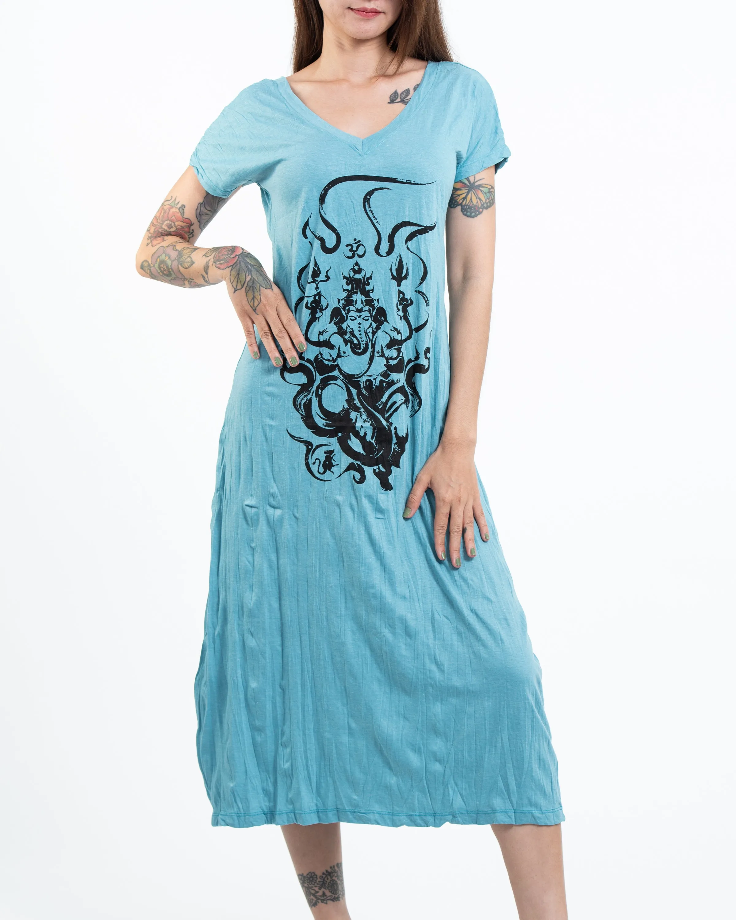 Womens Ganesh Chakra V Neck Long Dress in Turquoise