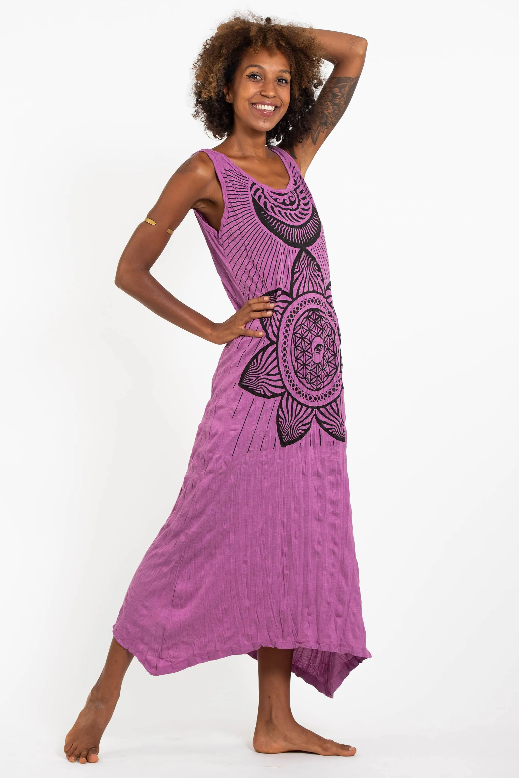 Womens Sacred Geometry Mandala Long Tank Dress in Pink