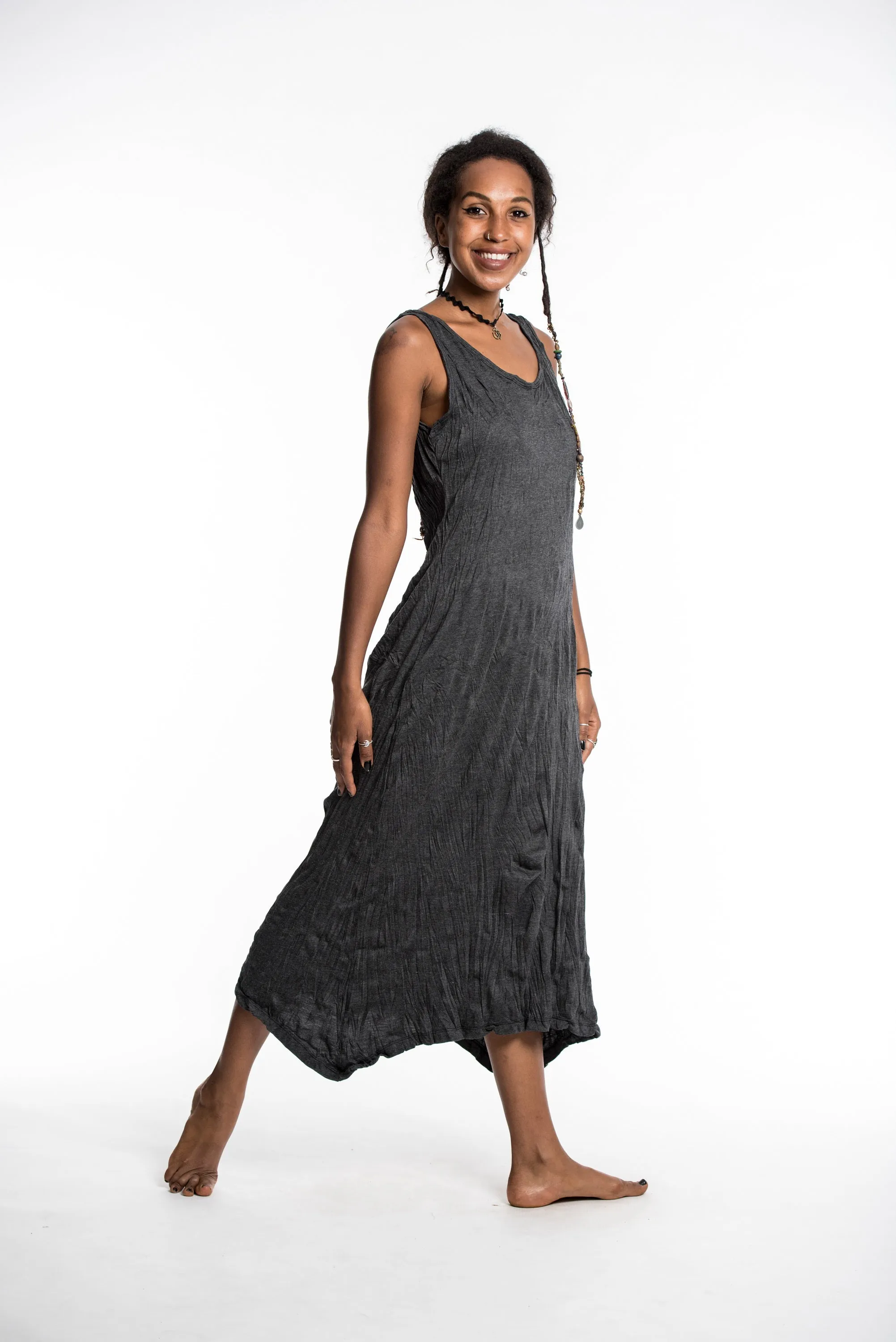 Womens Solid Color Long Tank Dress in Black