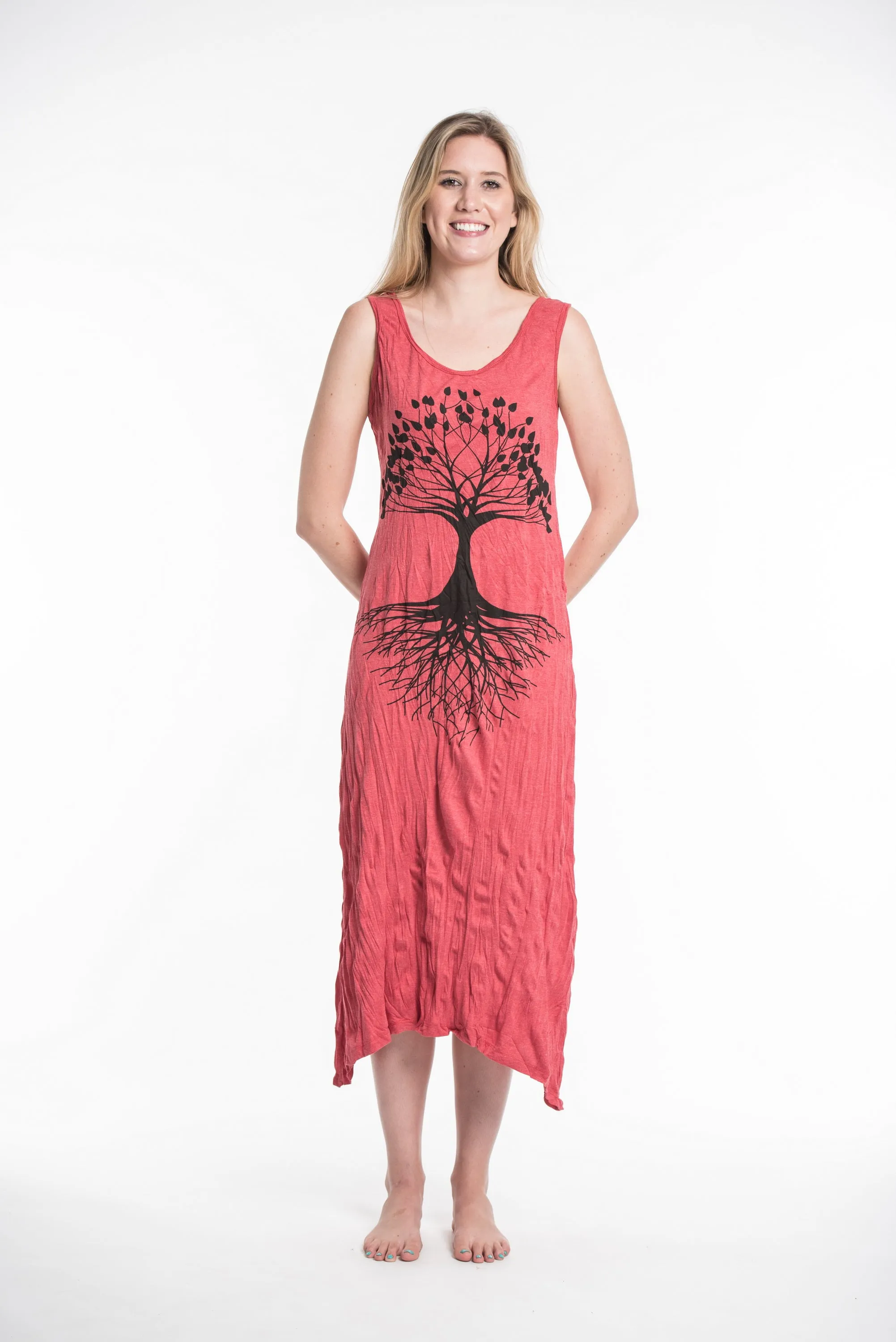 Womens Tree of Life Long Tank Dress in Red