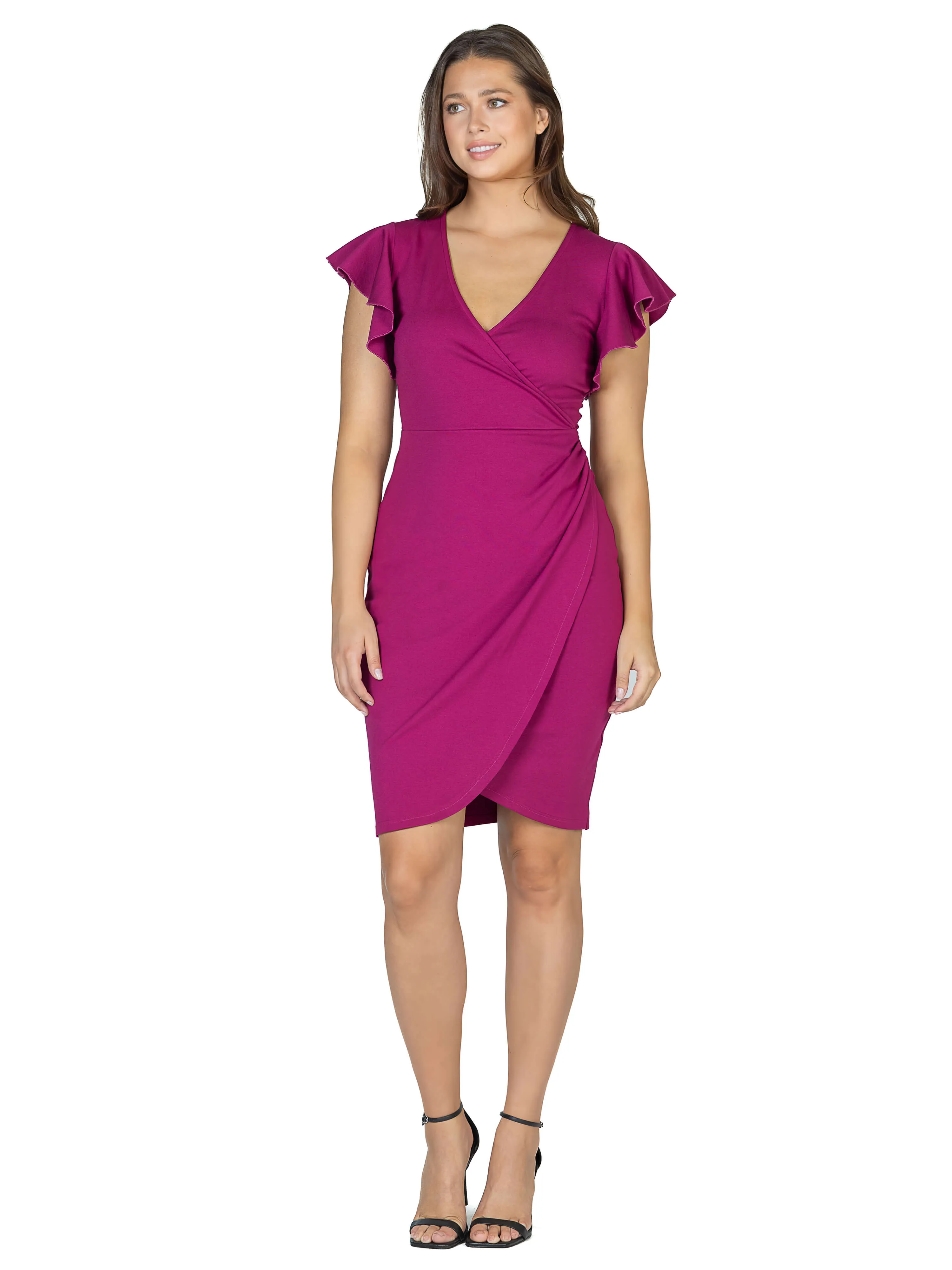 Womens V Neck Ruffle Sleeve Knee Length Dress