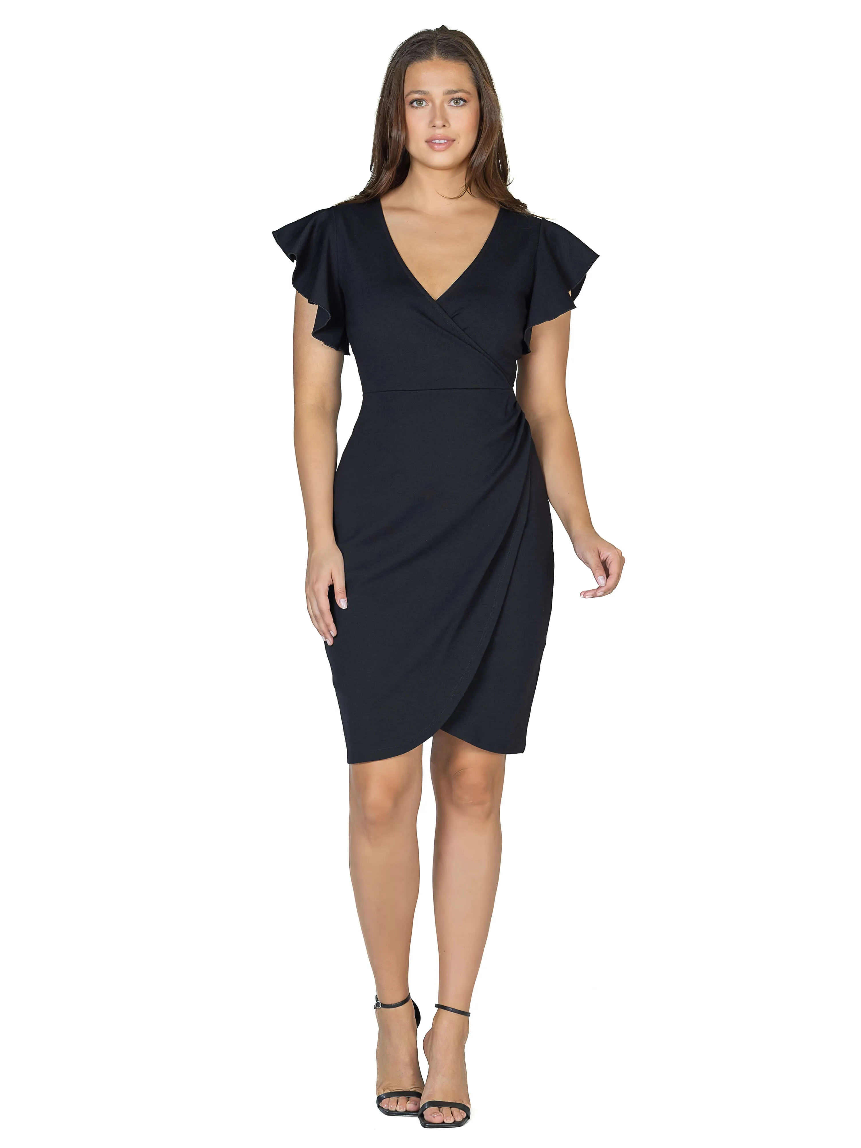 Womens V Neck Ruffle Sleeve Knee Length Dress