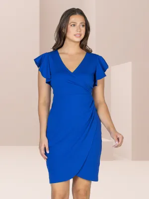 Womens V Neck Ruffle Sleeve Knee Length Dress