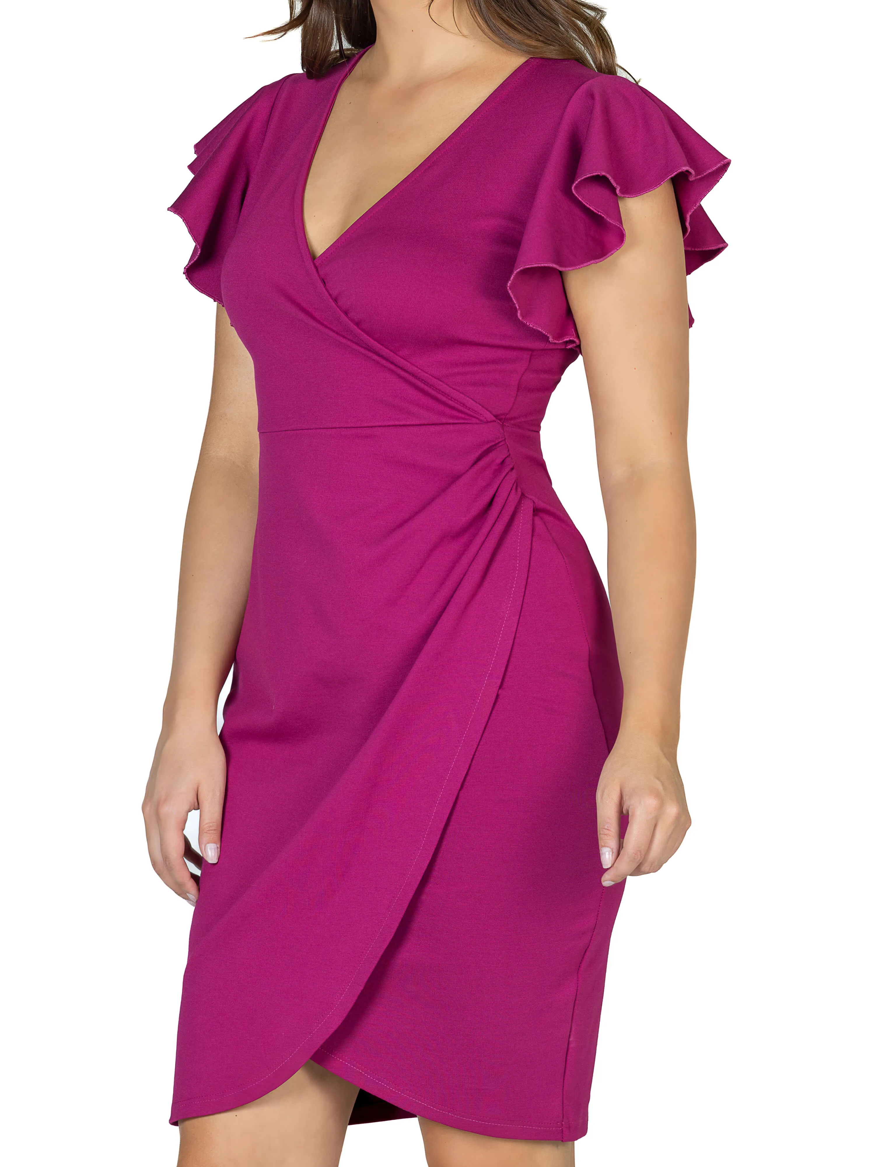 Womens V Neck Ruffle Sleeve Knee Length Dress