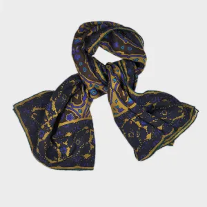 Wool Silk Paisley Leaf with Floret Border Large Square in Mustard & Blue