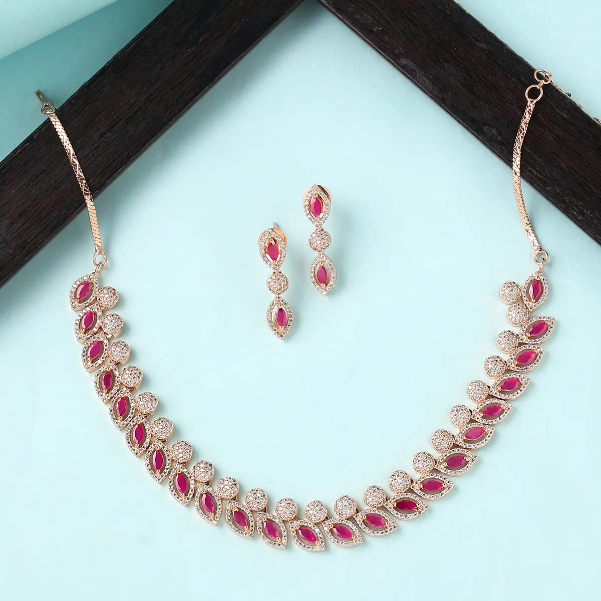 Yellow Chimes Jewellery Set for Womens Rosegold Plated AD/American Diamond Studded Pink Crystal Necklace Set with Earrings for Women and Girls